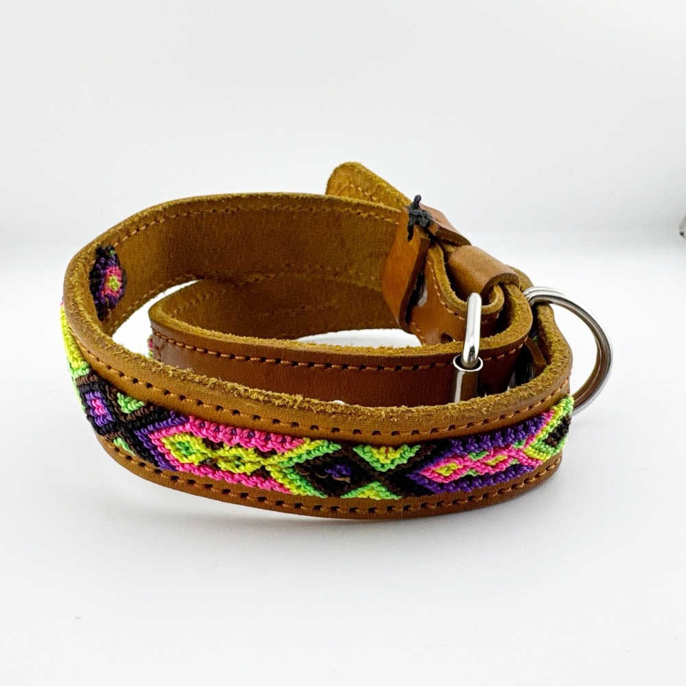 Genuine Leather Dog Collar Woven Aztec Pattern Adjustable Metal Buckle D Ring
